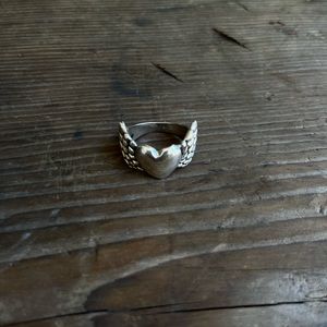 Handmade sterling silver ring with heart and wings, Size: 8